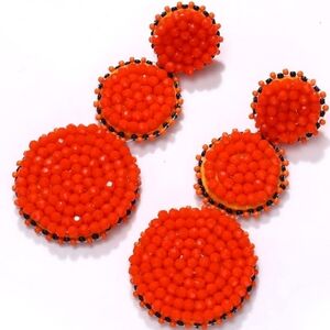 Bright Orange Red Beaded Triple Tier Earrings Bohemian Tiered Bold Jewelry New